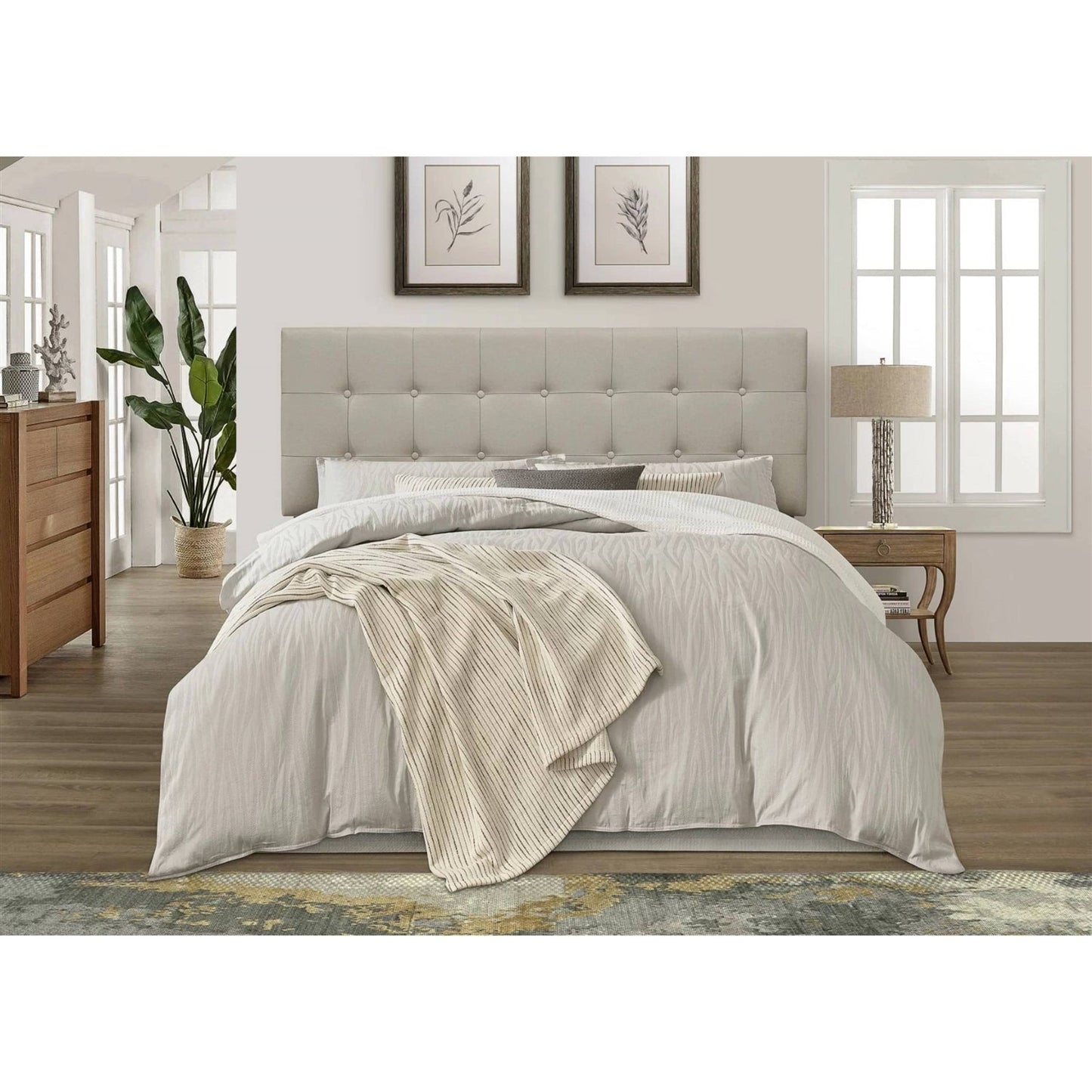 King Button-Tufted Headboard in Light Grey Beige Taupe Upholstered Fabric