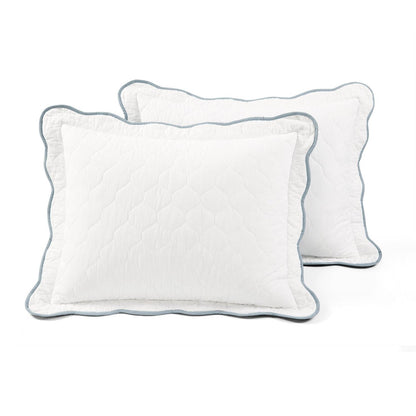 King/Cal King White Blue Scalloped Edge Reversible Thin Light Quilt Set