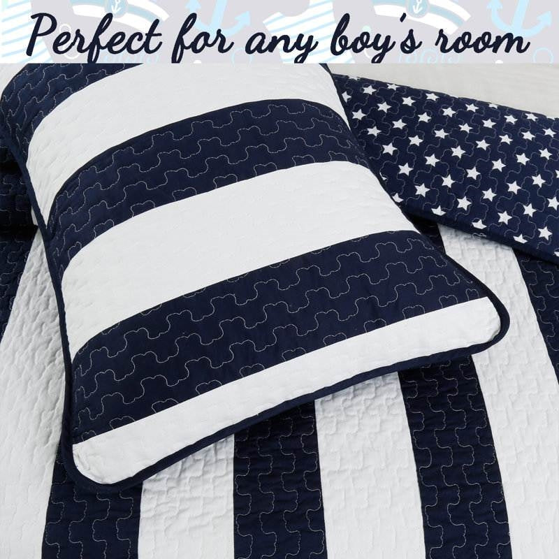 King 3 Piece Reversible Navy White Stars Stripes 100-Percent Cotton Quilt Set