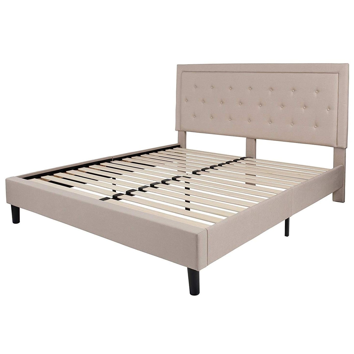 King Beige Upholstered Platform Bed Frame with Button Tufted Headboard