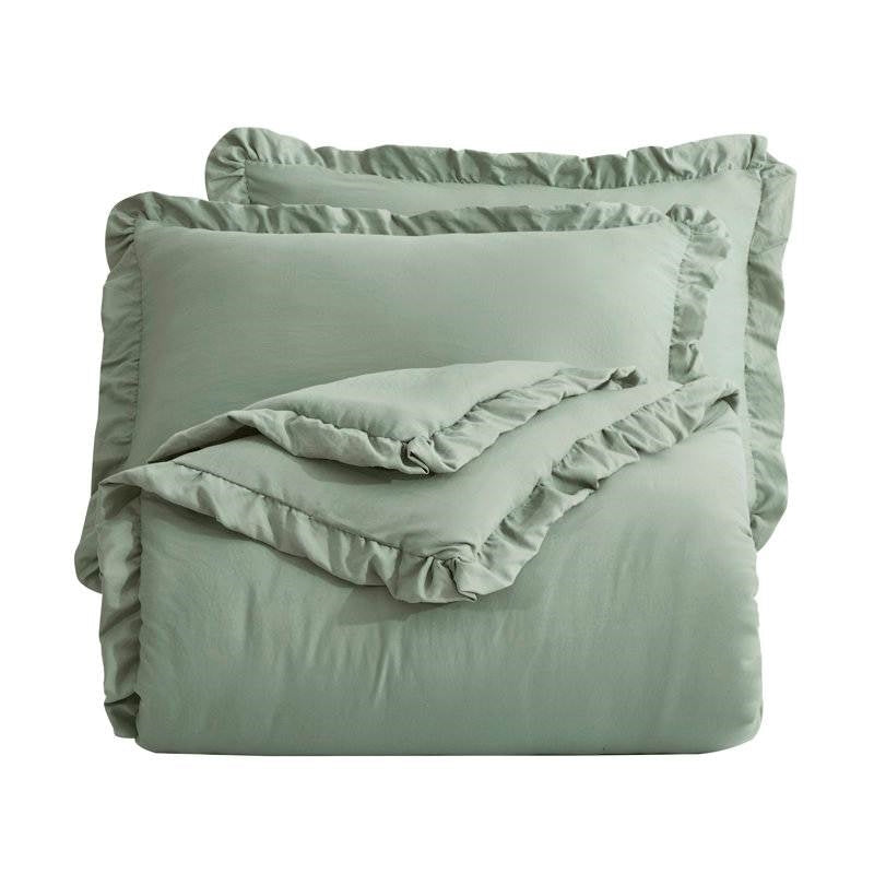 Oversized King Sage Microfiber 3-Piece Comforter Set with Ruffled Edge Trim