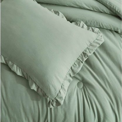 Oversized King Sage Microfiber 3-Piece Comforter Set with Ruffled Edge Trim