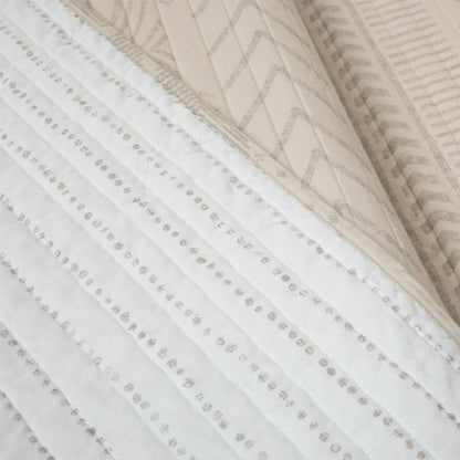 King Scandinavian Chevron Beige Tan White Reversible Cotton Quilt Set