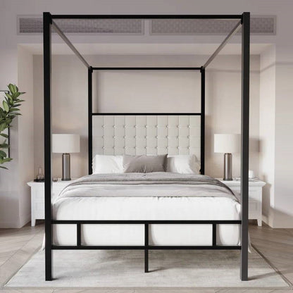 King size Black Metal Canopy Bed with Upholstered Button-Tufted Headboard