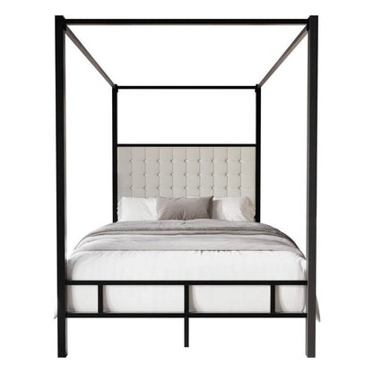 King size Black Metal Canopy Bed with Upholstered Button-Tufted Headboard