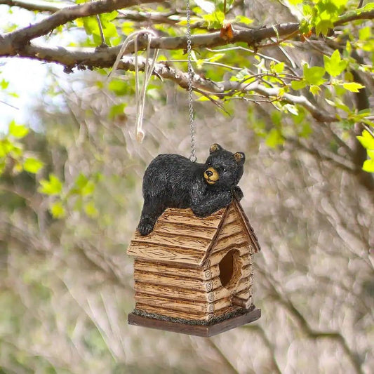 Outdoor Polyresin A-Frame Birdhouse in Brown Wood Finish Bear Figurine