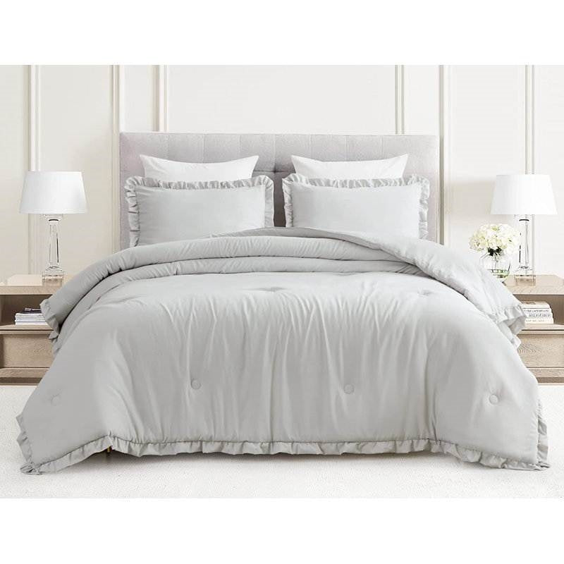 Queen Oversized Grey Ruffled Edge Microfiber Comforter Set