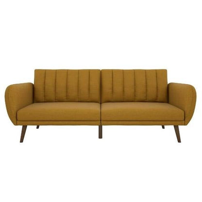 Mustard Linen Upholstered Futon Sofa Bed with Mid-Century Style Wooden Legs