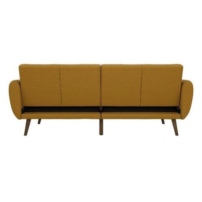 Mustard Linen Upholstered Futon Sofa Bed with Mid-Century Style Wooden Legs