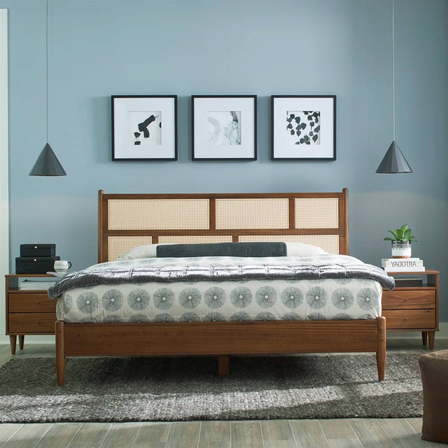 King Size Hardwood Platform Bed Frame with Cane Paneling Headboard in Walnut