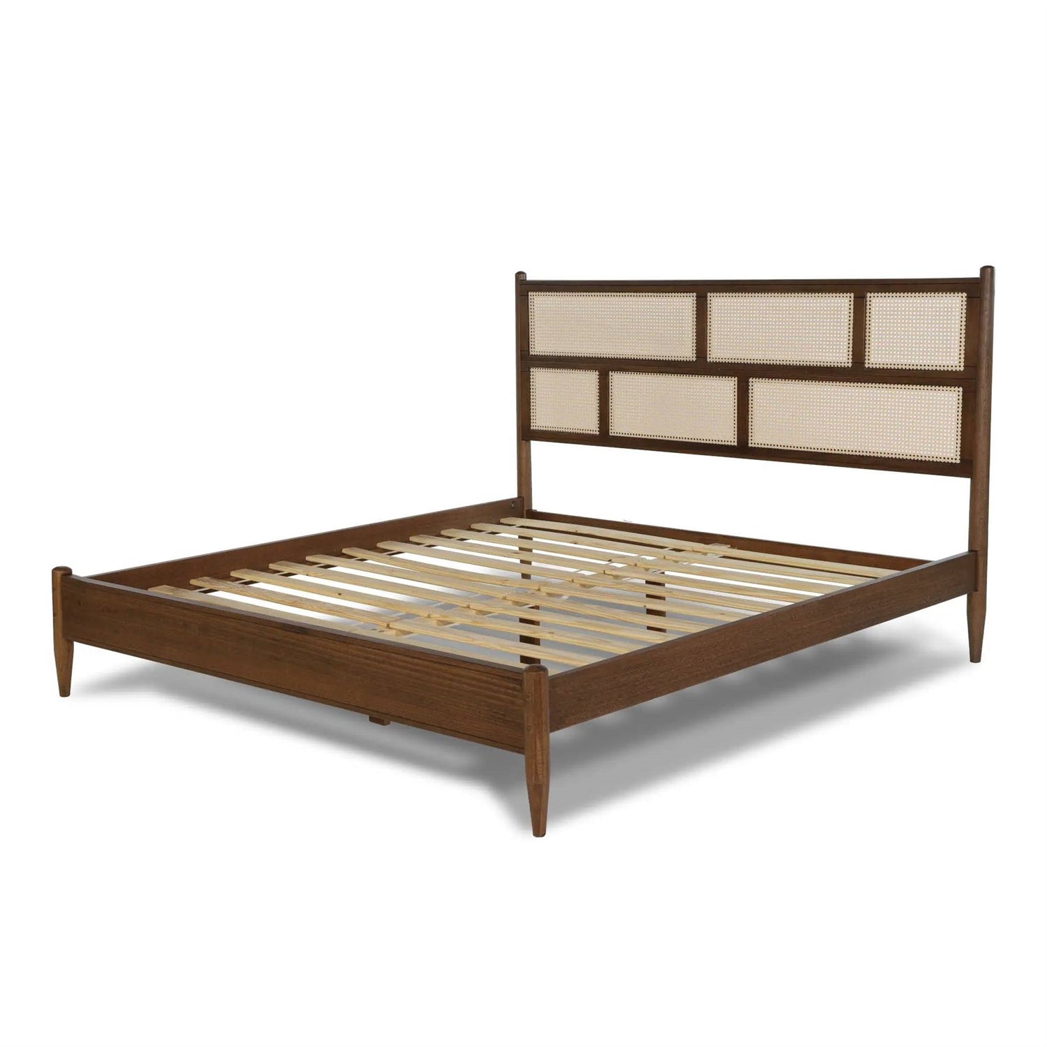 Queen Size Hardwood Platform Bed Frame with Cane Paneling Headboard in Walnut