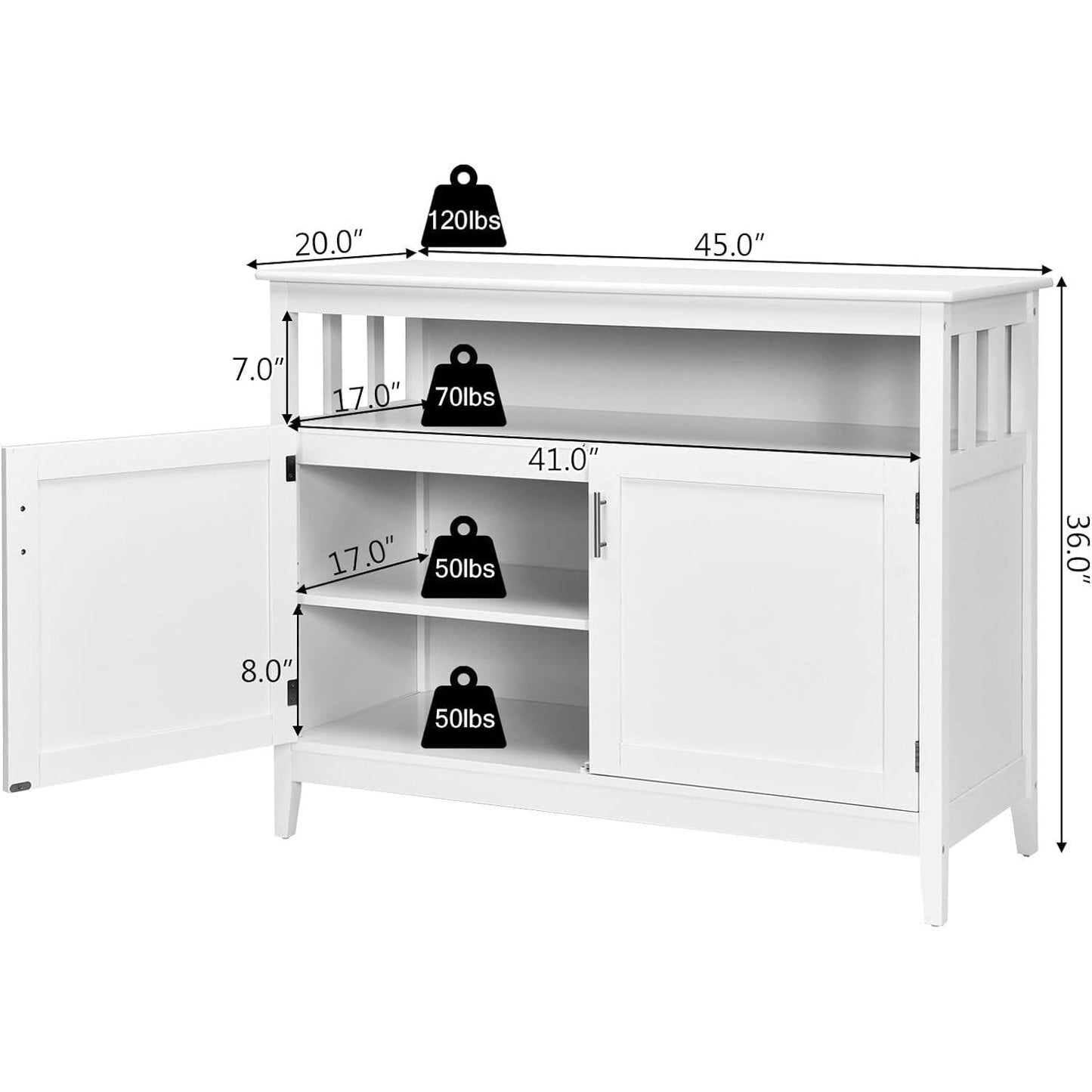 White Wood 2-Door Dining Buffet Sideboard Cabinet with Open Storage Shelf