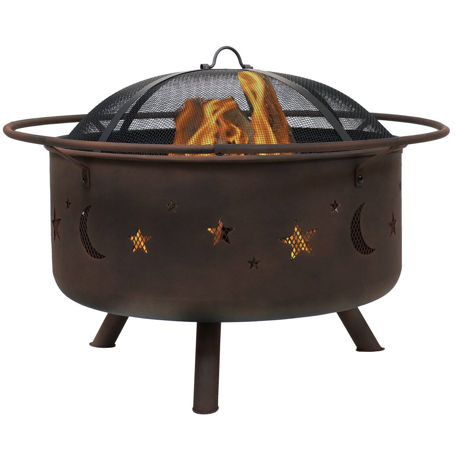 Moon Stars Sky Steel Fire Pit Bowl with Screen Cooking Grate and Poker