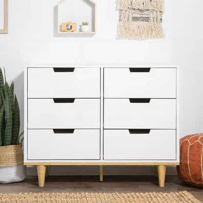 Modern Mid-Century Style 6-Drawer Double Dresser in White Natural Wood Finish