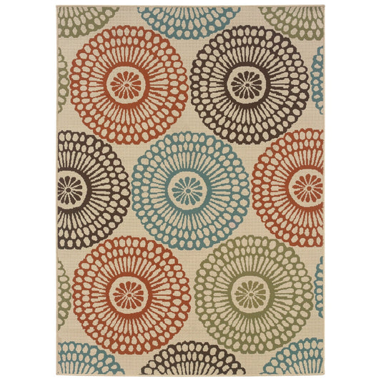 7'10" x 10'10" Indoor / Outdoor Beige Area Rug with Colorful Circle Pattern