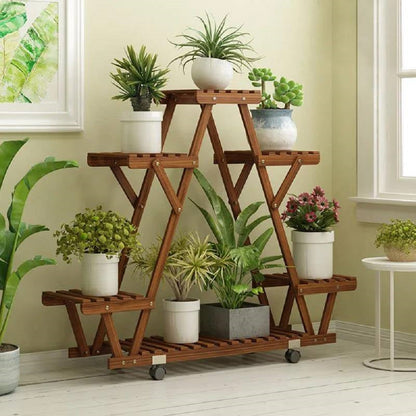 Indoor Outdoor Solid Wood Triangular Multi-Tier Plant Stand with Locking Wheels