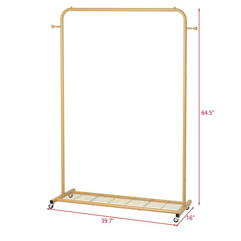 Modern Garment Rack Clothes Hanging Rod with Lockable Wheels in Gold