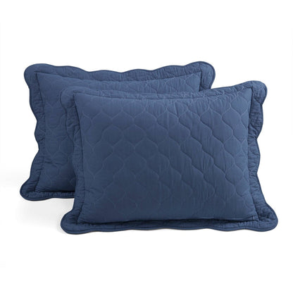 Full/Queen White Navy Scalloped Edge Reversible Thin Light Quilt Set