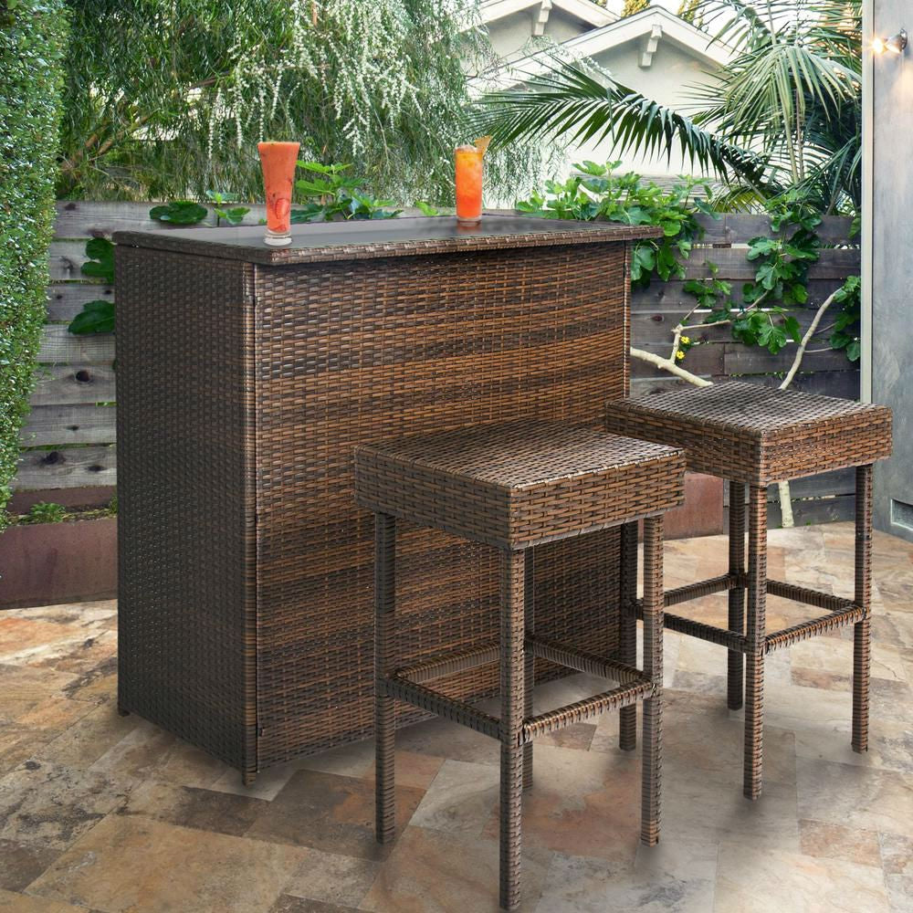 Outdoor 3-Piece PE Wicker Bar Set with Table and Stools