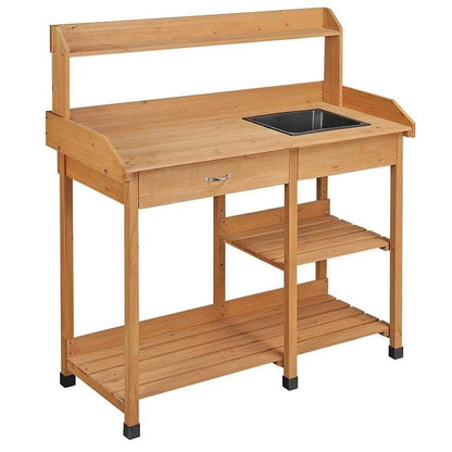 Outdoor Garden Wood Potting Bench Work Table with Sink in Light Oak Finish