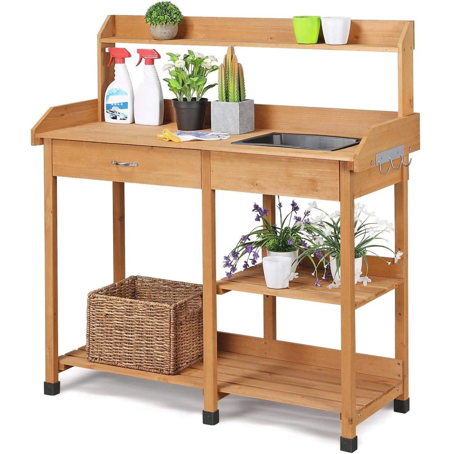 Outdoor Garden Wood Potting Bench Work Table with Sink in Light Oak Finish