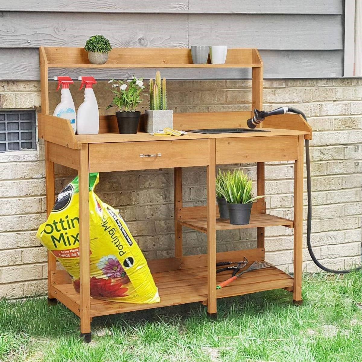 Outdoor Garden Wood Potting Bench Work Table with Sink in Light Oak Finish