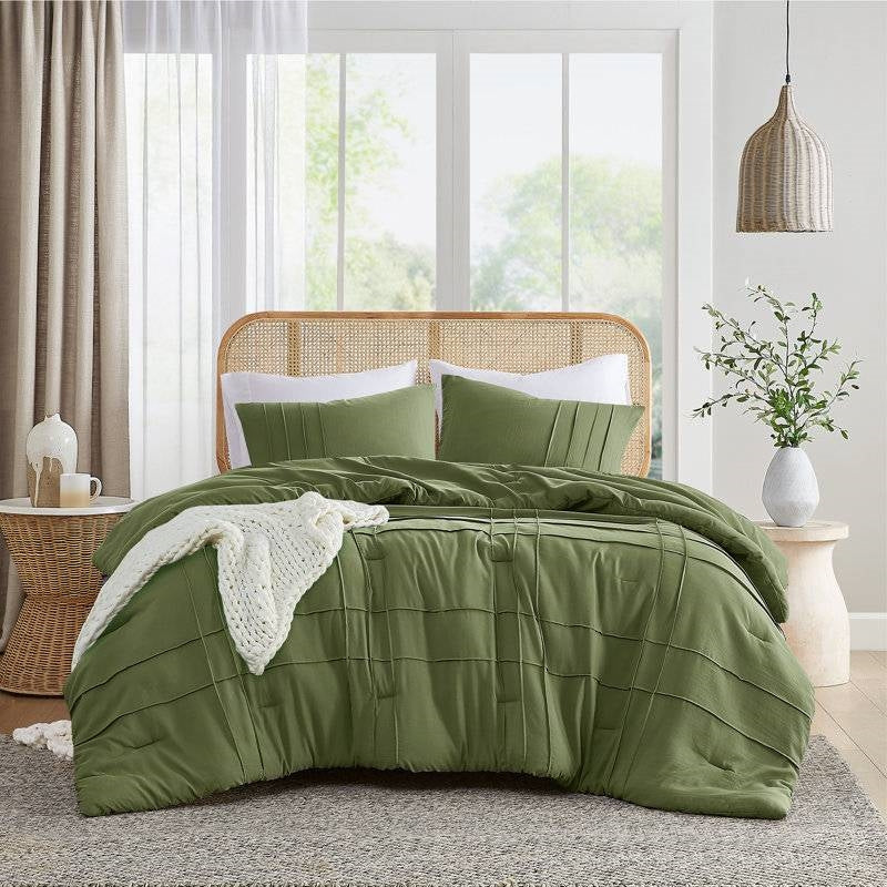King size Microfiber Pleated Soft Lightweight Comforter Set in Olive Green