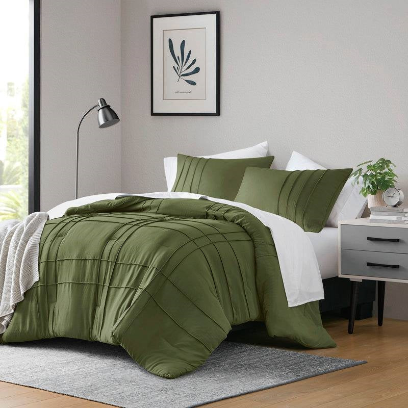 King size Microfiber Pleated Soft Lightweight Comforter Set in Olive Green