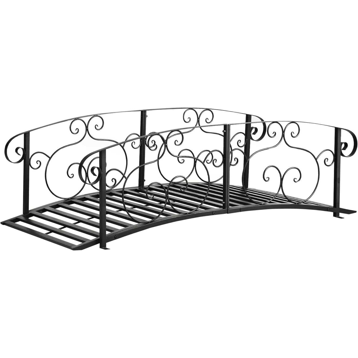 Outdoor Heavy Duty Black Metal Arch 7-ft Garden Bridge with Side-Rails