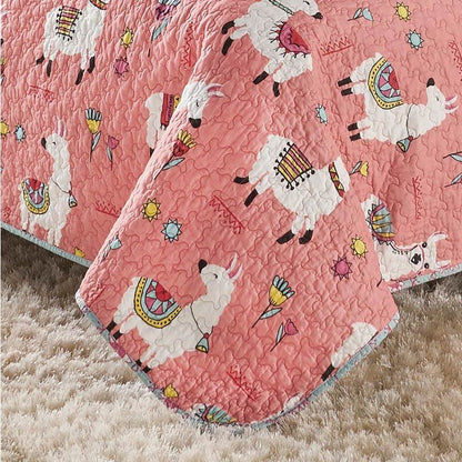 Full/Queen Pink Blue Reversible Floral Llama 100-Percent Cotton Quilt Set