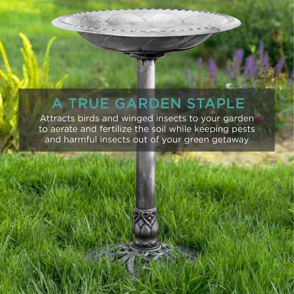 Outdoor Weather Resistant Polyresin Bird Bath in Rustic Aged Silver Finish