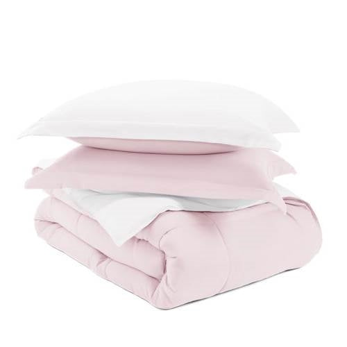 Full/Queen 3-Piece Microfiber Reversible Comforter Set in Blush Pink and White