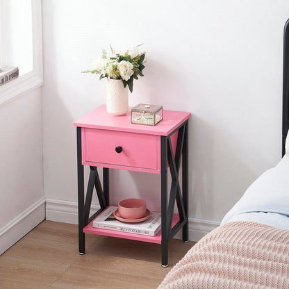 Set of 2 - 1-Drawer Nightstand Bedside Table in Pink and Black