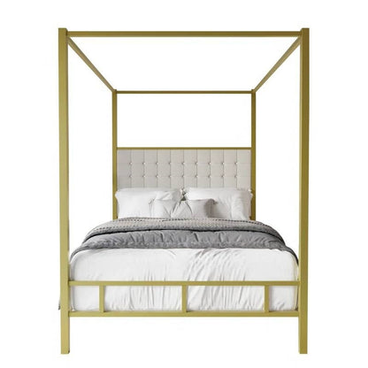 Queen size Gold Metal Canopy Bed with Upholstered Button-Tufted Headboard