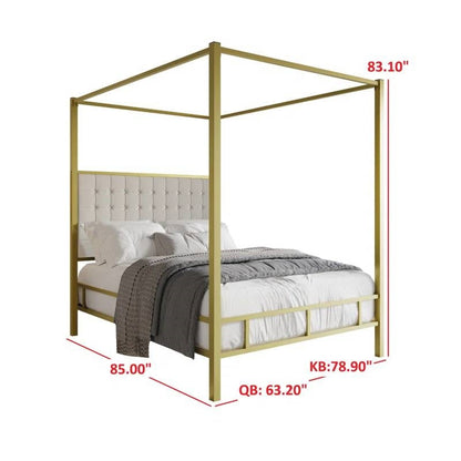 Queen size Gold Metal Canopy Bed with Upholstered Button-Tufted Headboard
