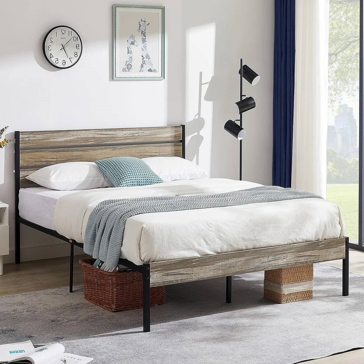 Queen Industrial Farmhouse Rustic Wood Metal Platform Bed Frame with Headboard