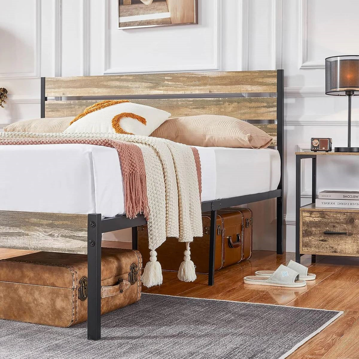 Queen Industrial Farmhouse Rustic Wood Metal Platform Bed Frame with Headboard