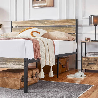 Queen Industrial Farmhouse Rustic Wood Metal Platform Bed Frame with Headboard