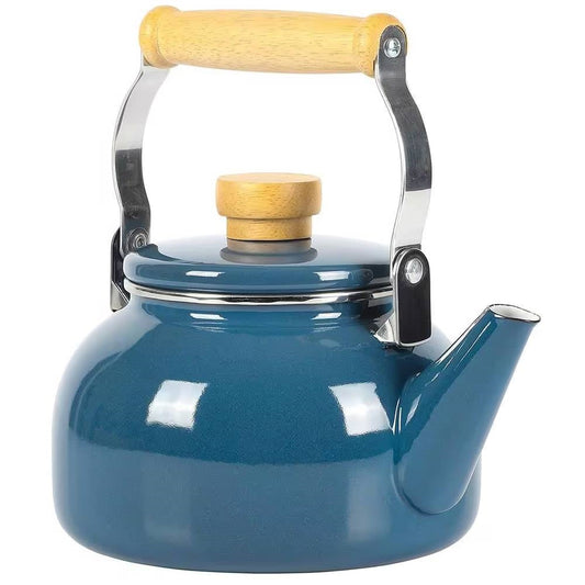 1.5 Qt. Steel Teapot Kettle w/ Blue White Glossy Enamel Coating and Wood Handle