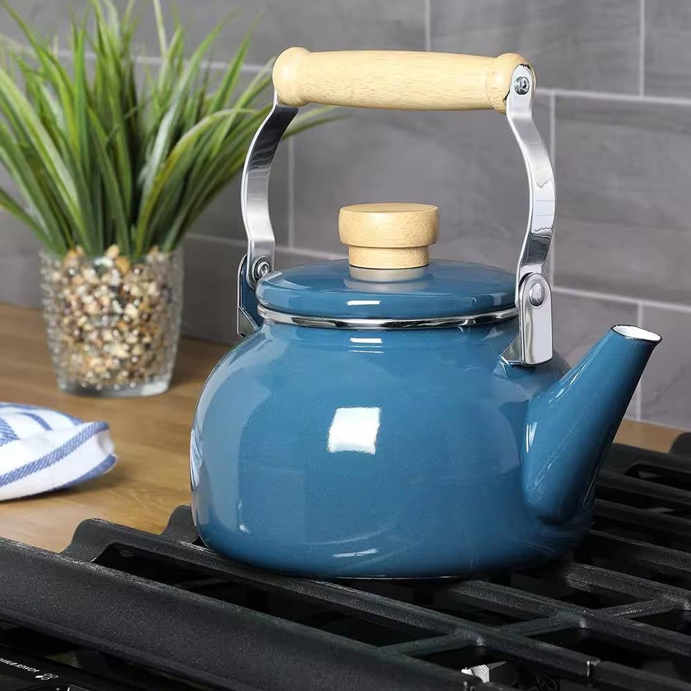 1.5 Qt. Steel Teapot Kettle w/ Blue White Glossy Enamel Coating and Wood Handle