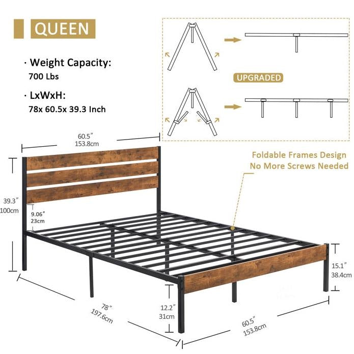 Queen Industrial Platform Bed Frame with Brown Wood Slatted Headboard Footboard