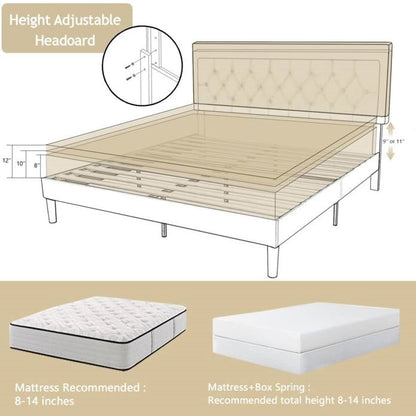 Queen Adjustable Height Platform Bed Frame with Beige Upholstered Headboard