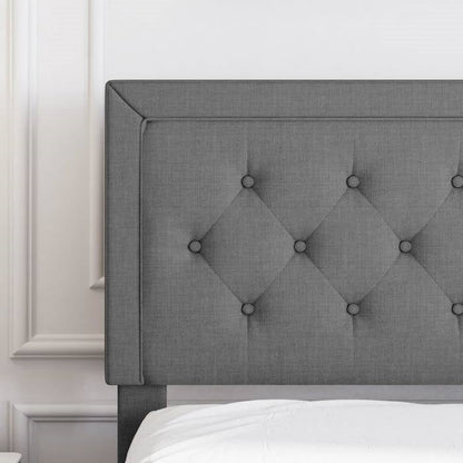 Queen Dark Grey Linen Upholstered Platform Bed with Button-Tufted Headboard