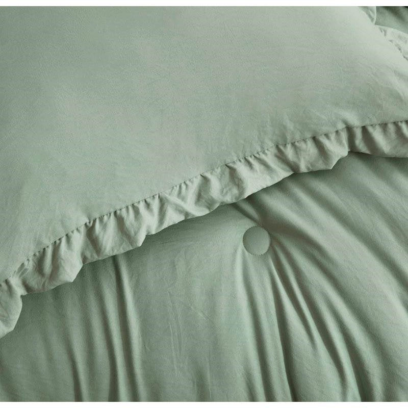 Oversized Queen Sage Microfiber 3-Piece Comforter Set with Ruffled Edge Trim