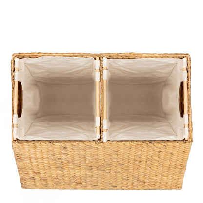 Natural 2-Bin Handwoven Hyacinth Linen Liner Laundry Hamper w/ Handles