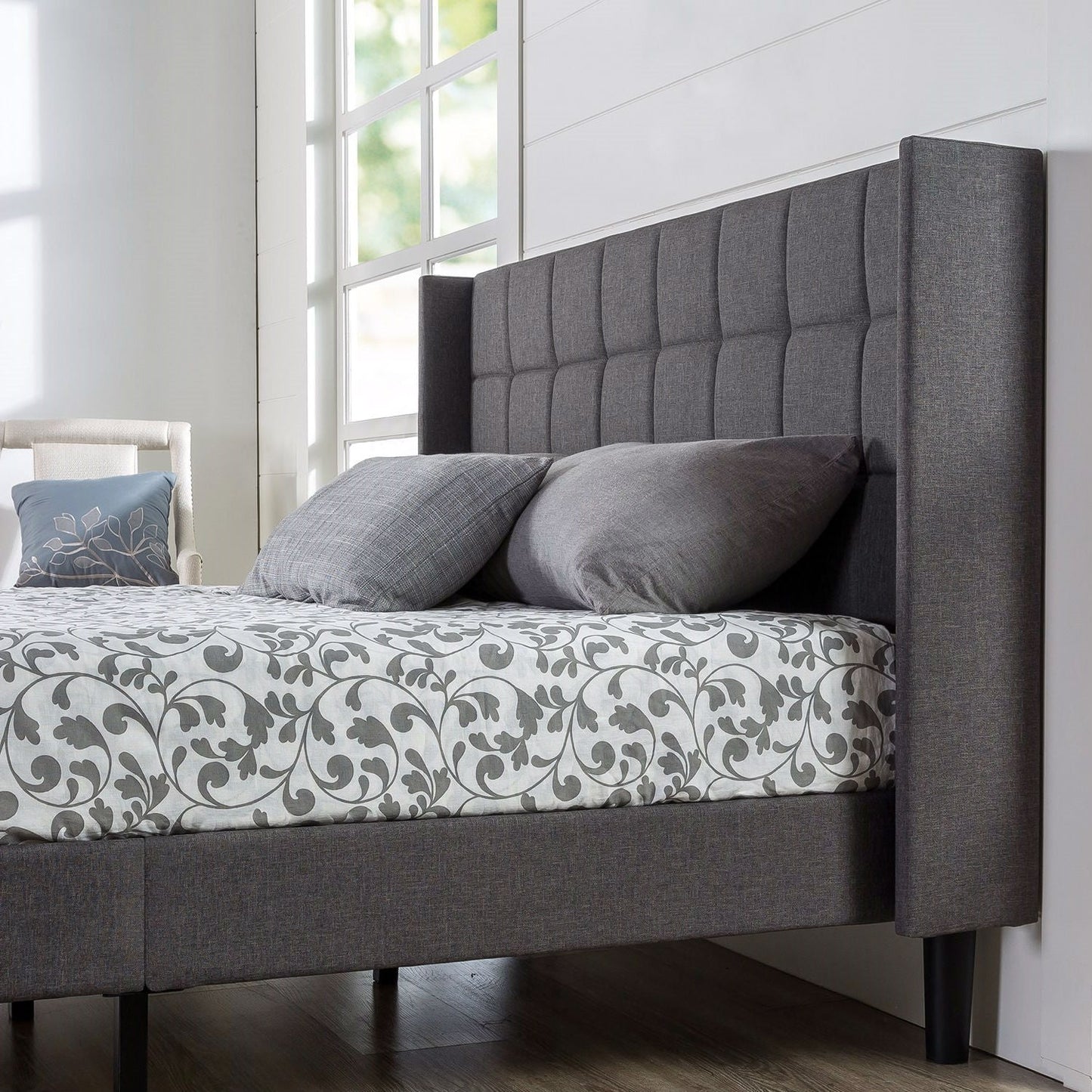 Queen size Grey Wingback Upholstered Platform Bed