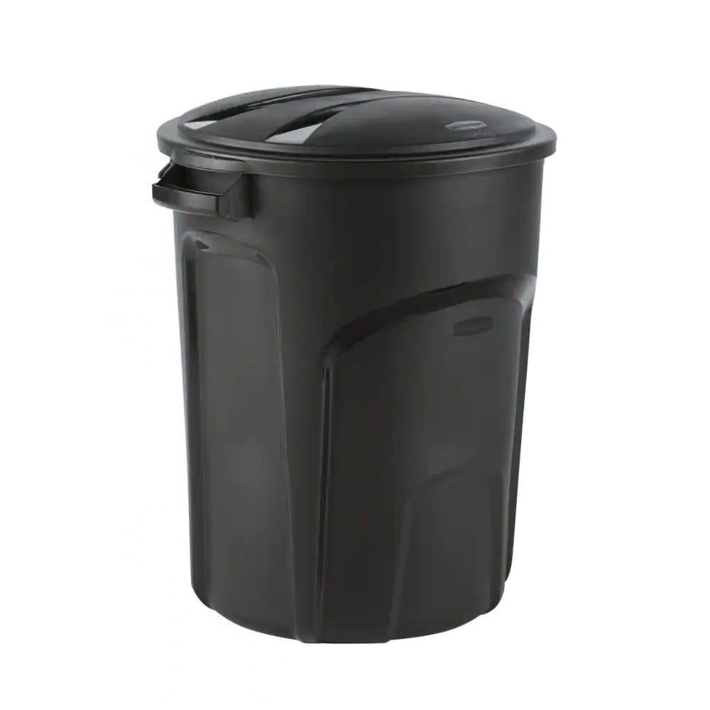 32-Gallon Black Plastic Indoor Outdoor Trash Can with Lid - Made in USA