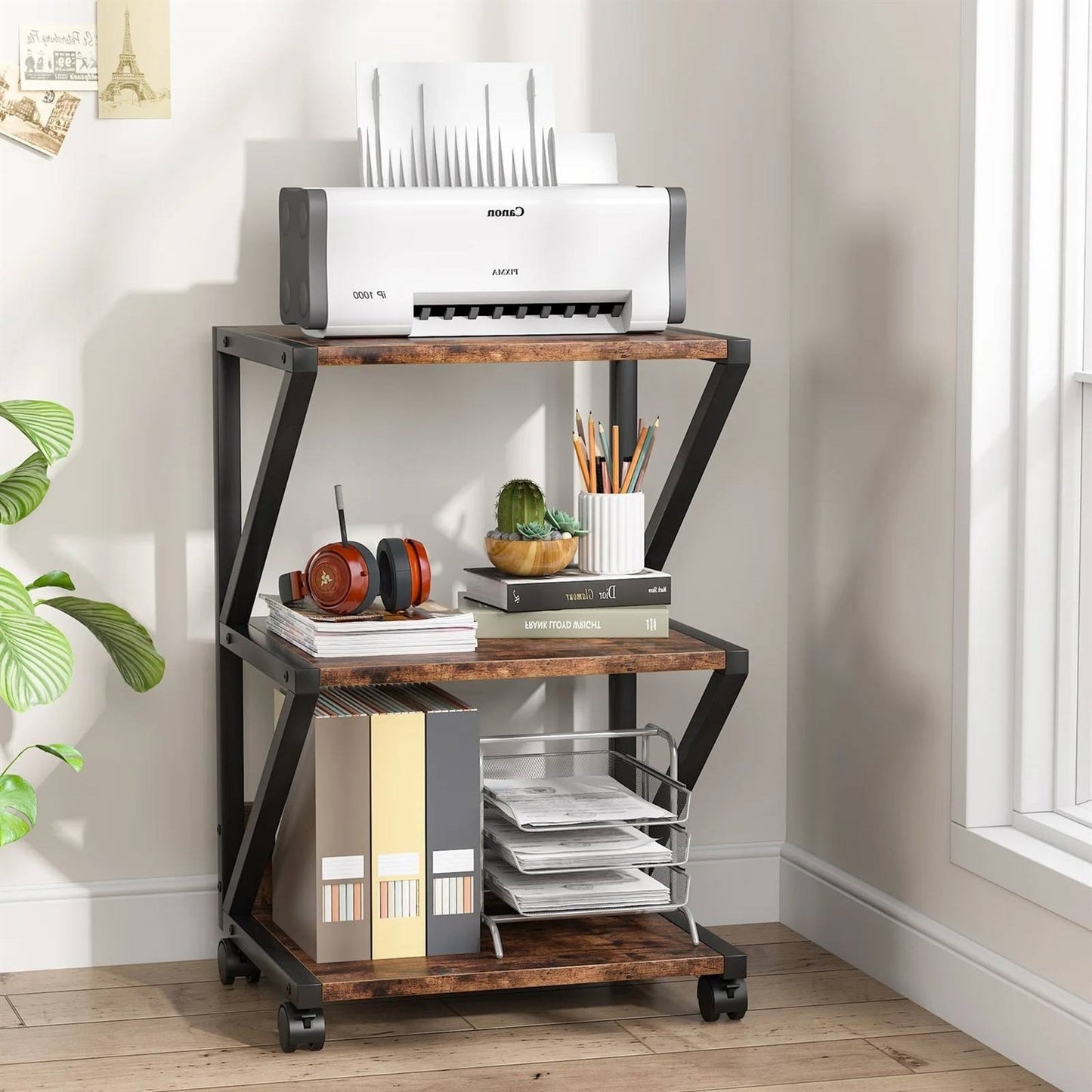 Modern Industrial Metal Wood 3-Tier Printer Stand Office Storage Cart on Wheels