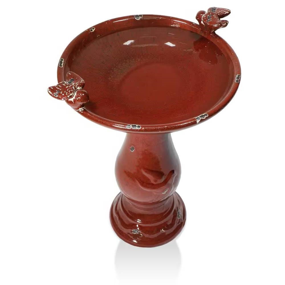 Outdoor Dark Red Ceramic Birdbath in Antique Finish