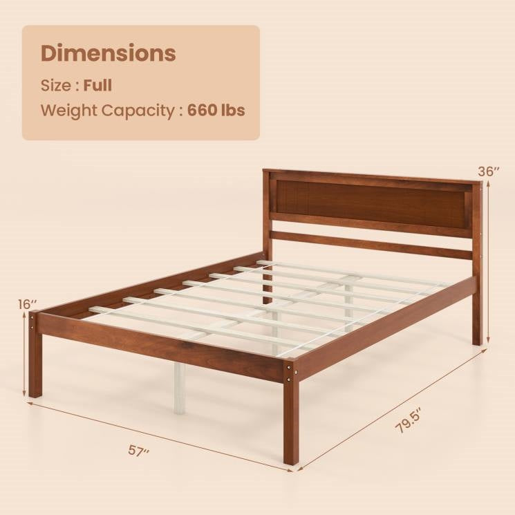 Full Size Retro Wood Platform Bed Frame with Headboard in Walnut